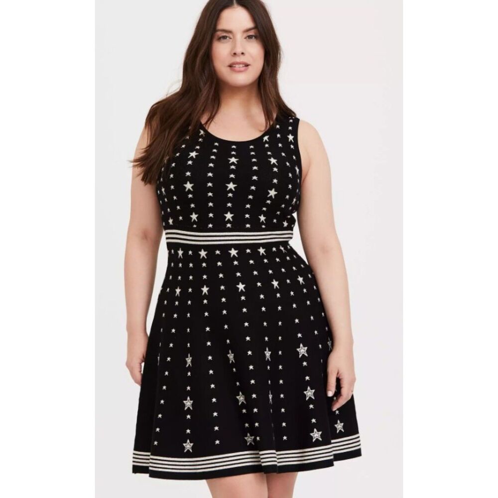 TORRID Sparkly Gold Stars Plus Sz 5X (28) Black Sleeveless Stretch Sweater Dress